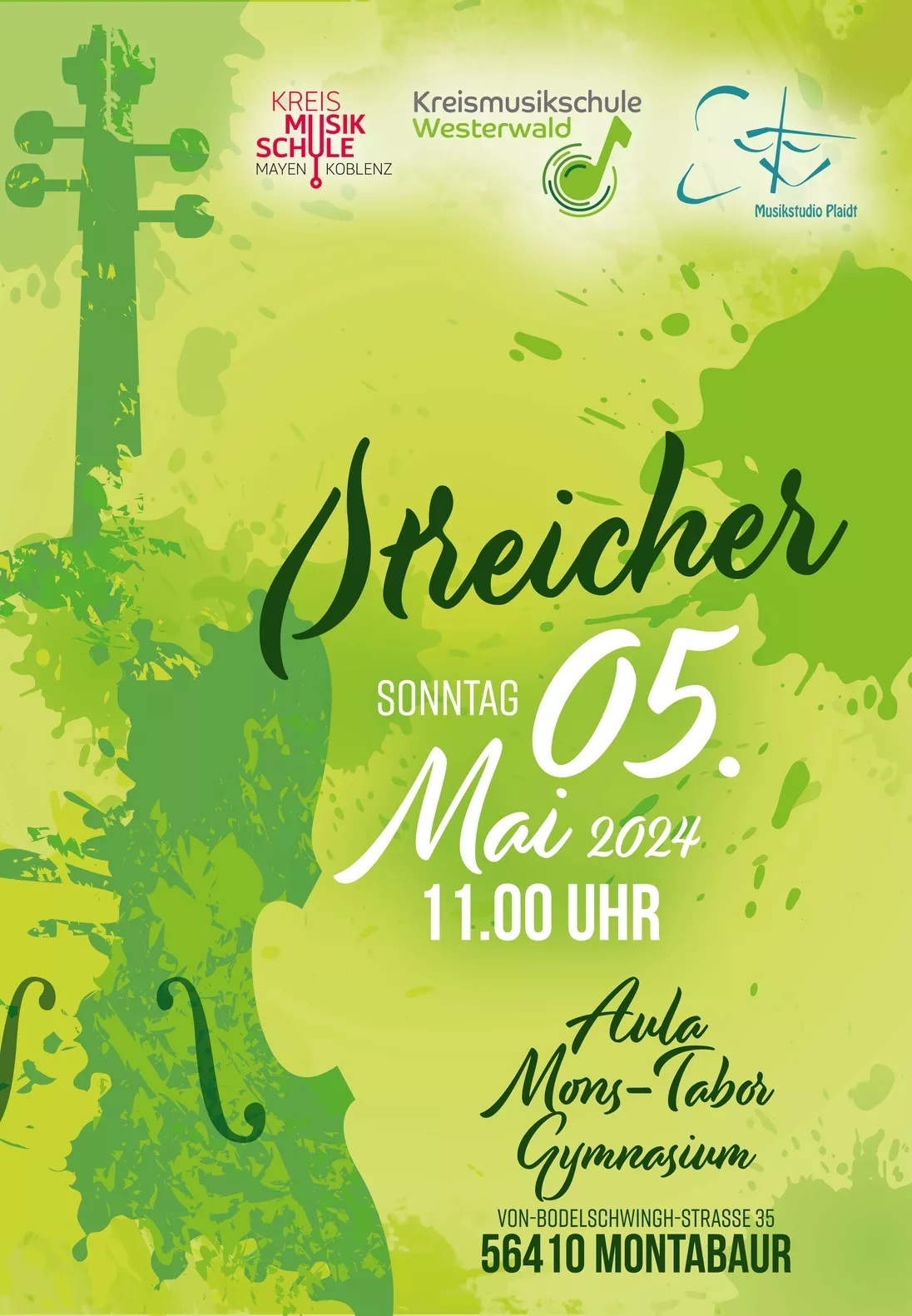 Das Plakat ist in einem hellen grün gestaltet und zeigt die wichtigen Informationen zur Veranstaltung der Kreismusikschule. 