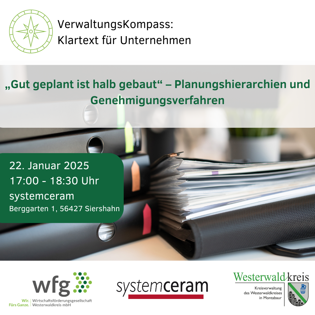 Gestapelte Aktenordner mit farbigen Markern schmücken die Rahmendaten der Veranstaltung.
