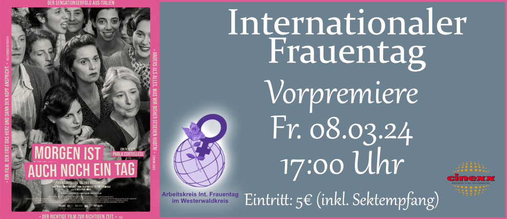 Ein Flyer zum Internationalen Frauentag am 08. März. Es soll ein Kinofilm im Hachenburger Kino gezeigt werden.