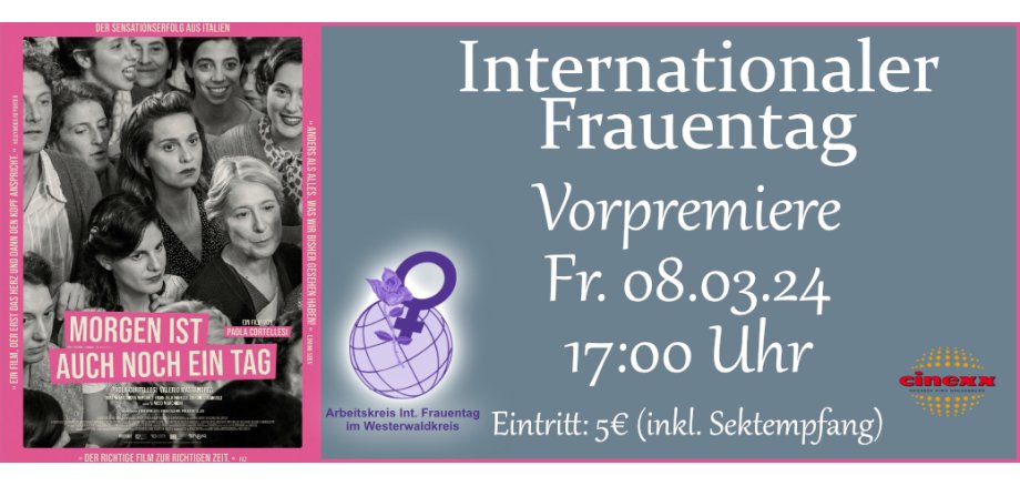 Ein Flyer zum Internationalen Frauentag am 08. März. Es soll ein Kinofilm im Hachenburger Kino gezeigt werden.