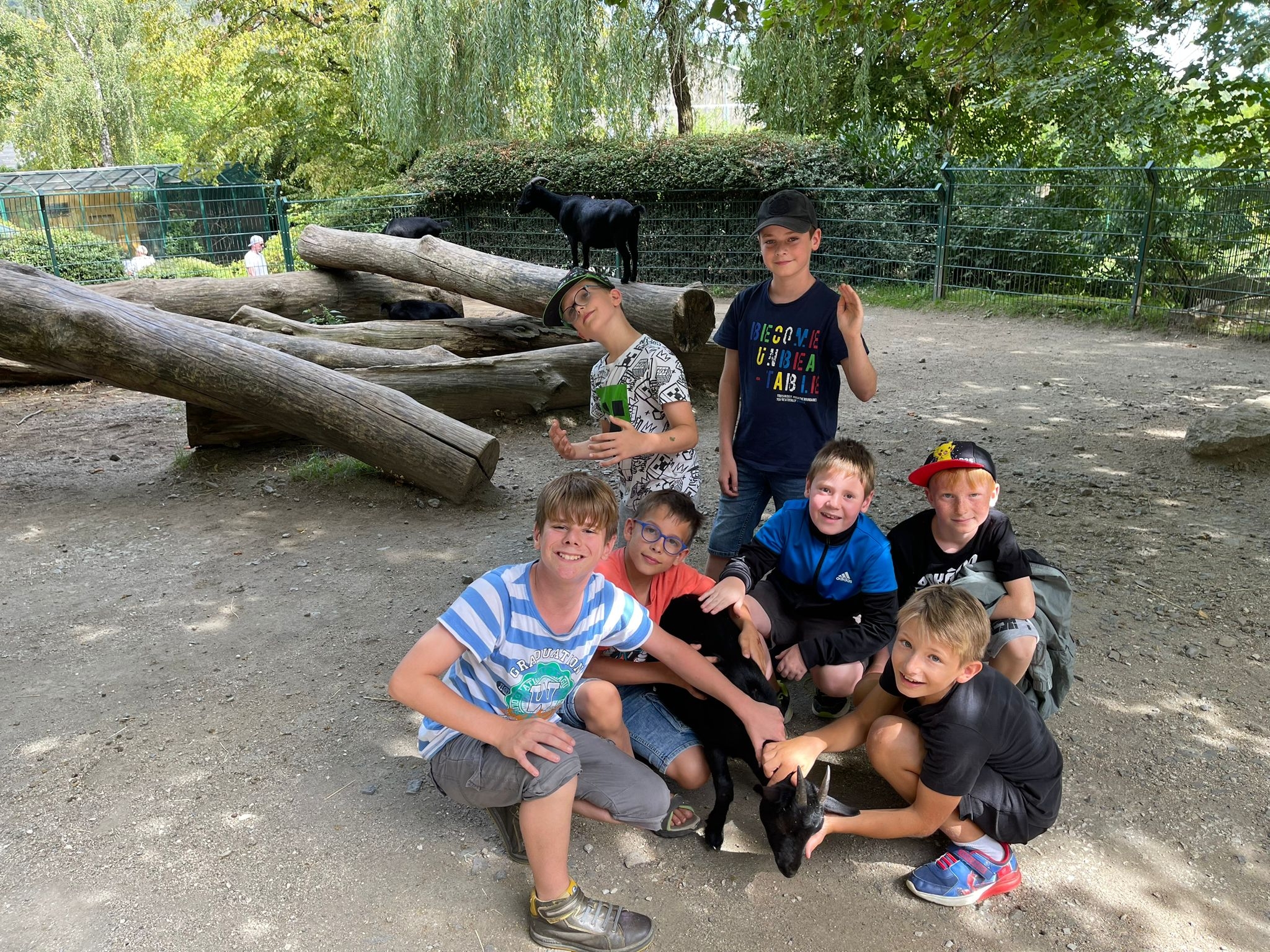Eine Gruppe von sieben Jungen haben sich vor einem Baumstamm auf einem Spielplatz trapiert. 