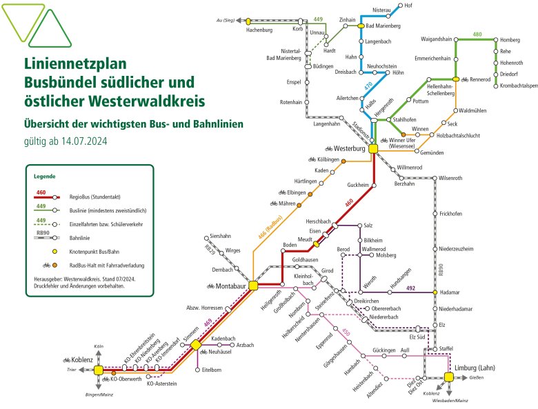 Ein Busplan, bestehend aus verschiedenfarbigen Linien, welche die Buslinien darstellen.