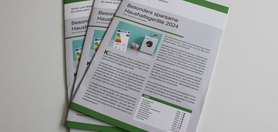 Drei Exemplare der Broschüre „Besonders sparsame Haushaltsgeräte 2024“ liegen auf einem Tisch.