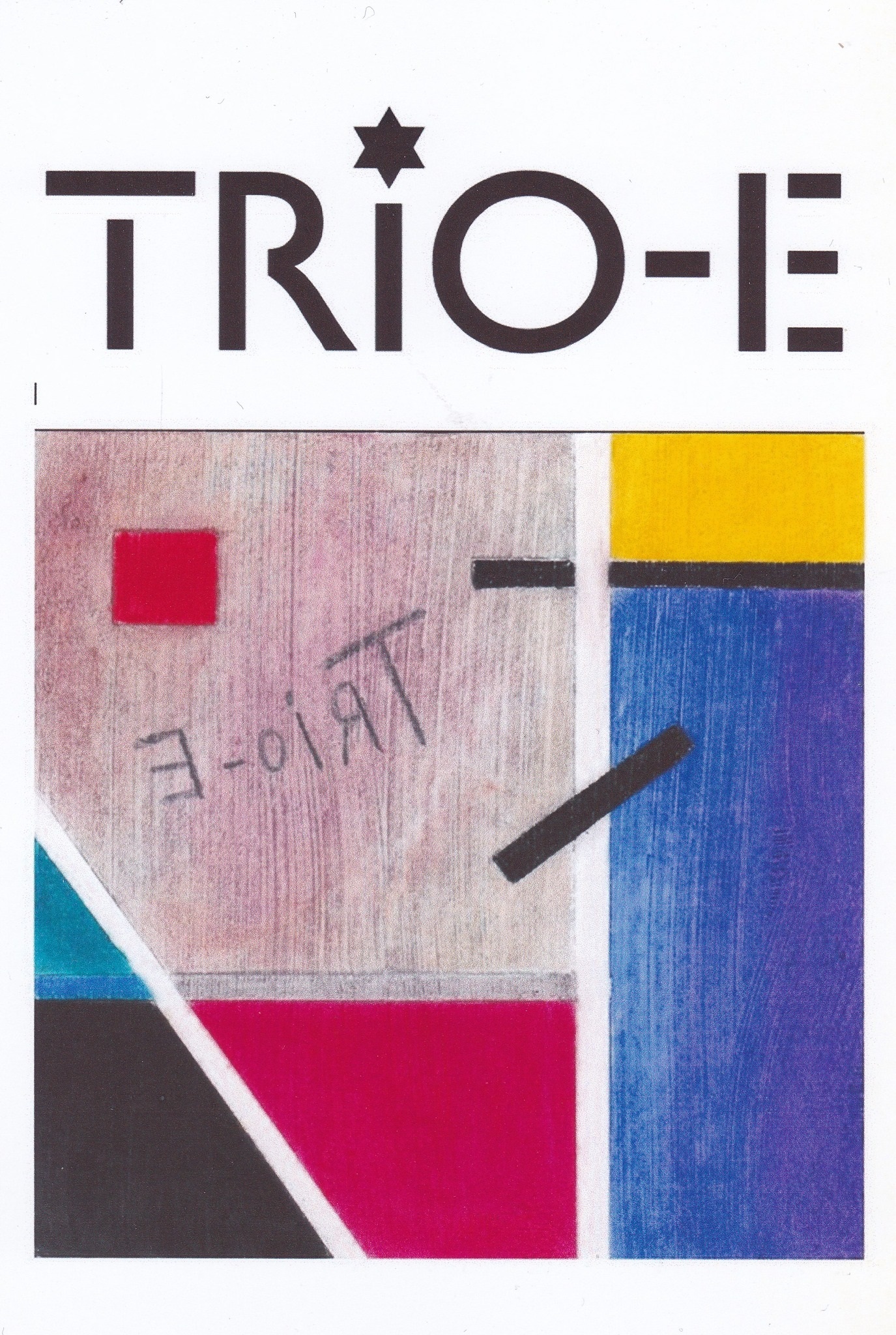 Ein gemaltes Bild mit farbigen Vierecken und der Aufschrift Trio E.