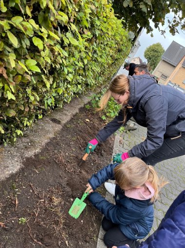 Jung und Alt bearbeitet mit Schaufeln ein Beet am Straßenrand