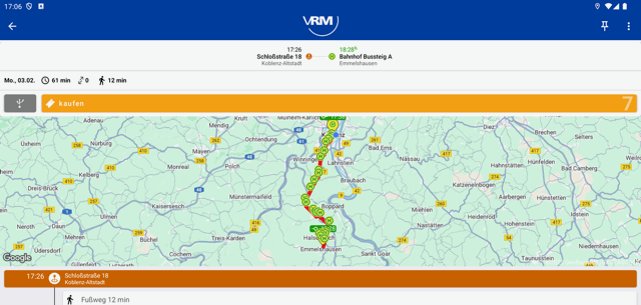 Der gesuchte Weg wird mit allen Haltepunkten dargestellt.