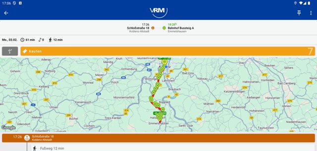 Der gesuchte Weg wird mit allen Haltepunkten dargestellt.