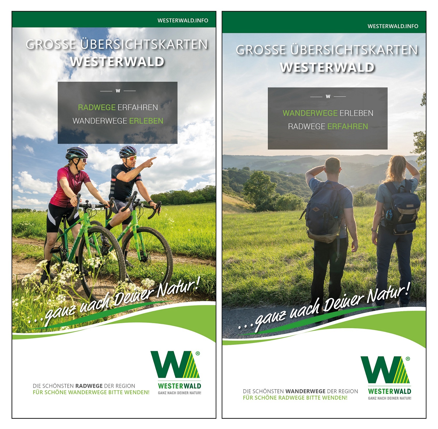 Die Titelseiten von zwei Broschüren zeigen Radfahrenden und Wandernde.