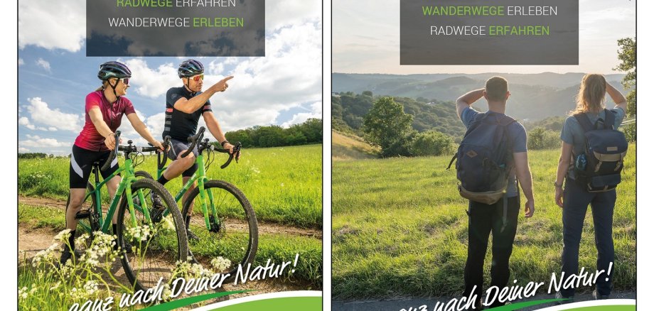 Die Titelseiten von zwei Broschüren zeigen Radfahrenden und Wandernde.