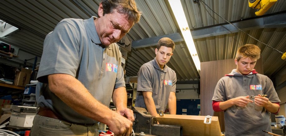 Haende hoch fuers Handwerk Ein Mann und zwei Jungen arbeiten an einer Werkbank, auf der verschiedene Werkzeuge liegen.