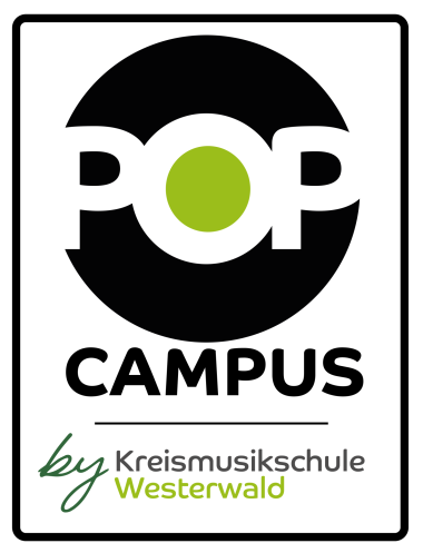 Im Logo ist im Mittelpunkt ein großer schwarzer schallplattenähnlicher Kreis , der in weißer Schrift das Wort POP enthält. Darunter steht Campus by Kreismusikschule Westerwald.