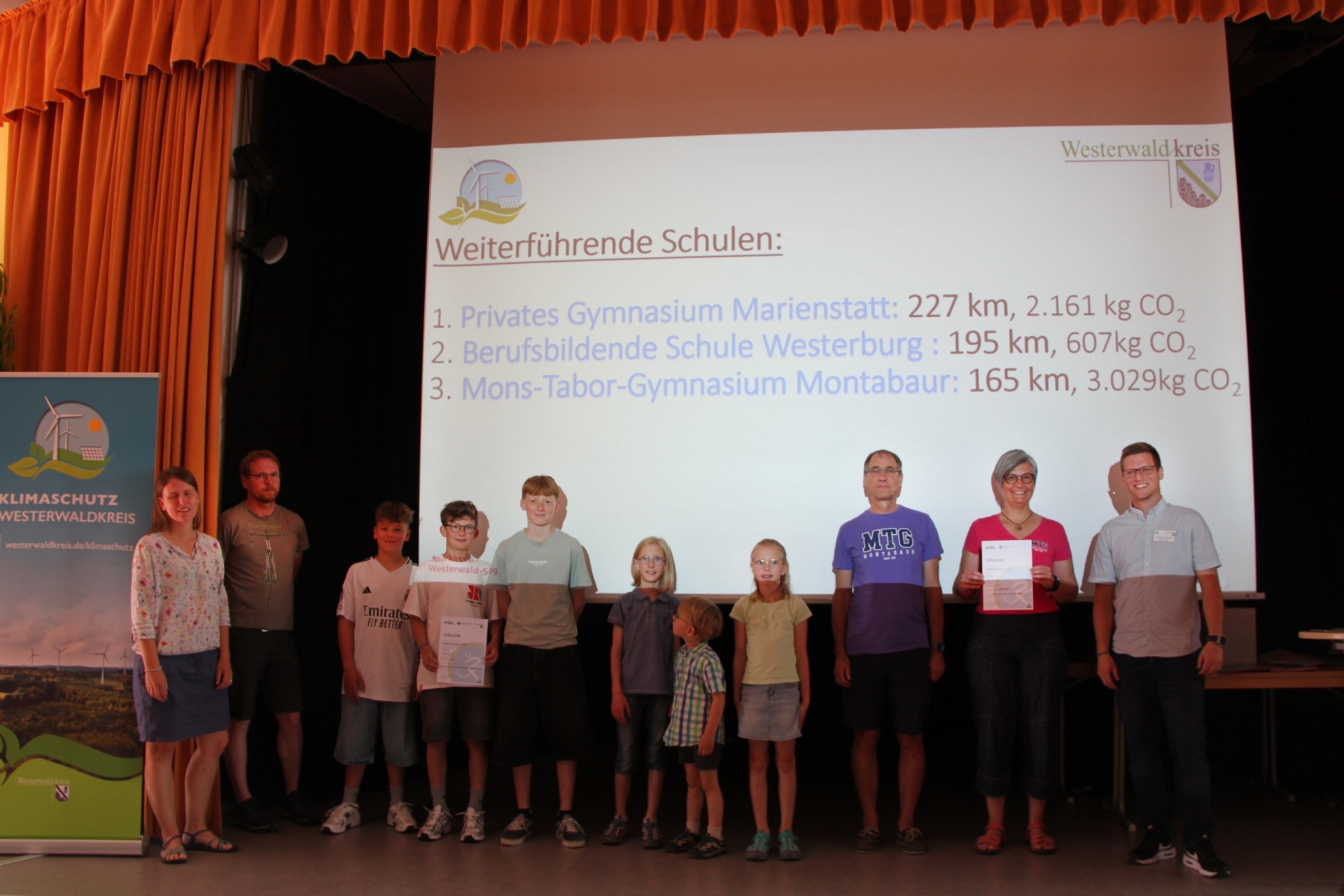 Kinder und Erwachsene stehen auf einer Bühne, im Hintergrund ist eine Präsentationsfolie mit den drei Platzierungen der Weiterführenden Schulen.