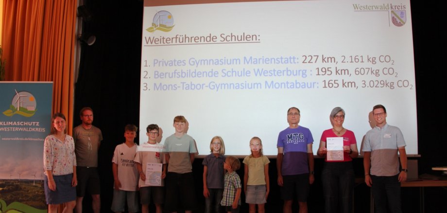 Kinder und Erwachsene stehen auf einer Bühne, im Hintergrund ist eine Präsentationsfolie mit den drei Platzierungen der Weiterführenden Schulen.