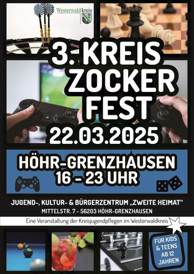 Auf dem Plakat sind diverse Spiele wie Darts, Billard und Kicker zu sehen.