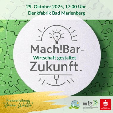 In einem Quadrat ist ein Kreis mit der Aufschrift Mach!Bar - Wirtschaft gestaltet Zukunft und einer Glühbirne, hinterlegt von grünen Puzzlestücken.