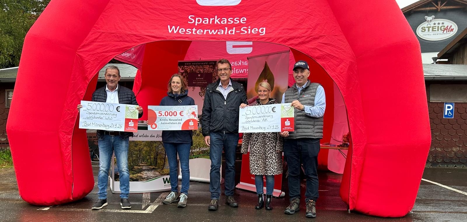 Unter einem großen roten Bogen stehen zwei Frauen und drei Männer mit großen Schecks in der Hand.