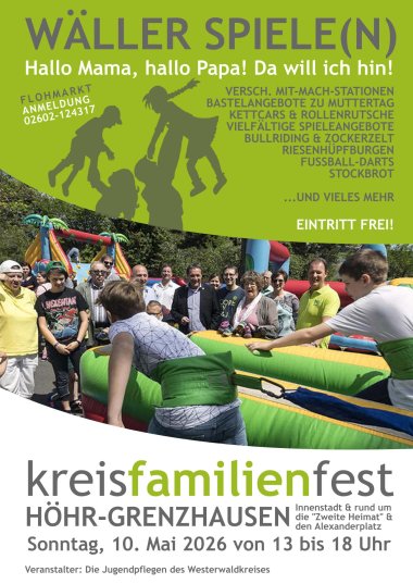 Auf einem grünen Plakat sind spielende Kinder und die Veranstaltungsdaten zum Kreisfamilienfest.