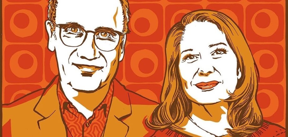 Eine Frau und ein Mann sind auf einem künstlerisch verfremdeten Foto in Orange- und Rot-Tönen,