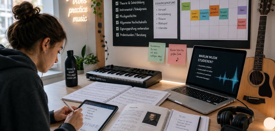 Eine Frau arbeitet am Schreibtisch mit Musikunterlagen.