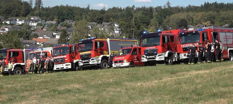 Aufgereiht auf einer Wiese stehen viele Feuerwehrfahrzeuge.