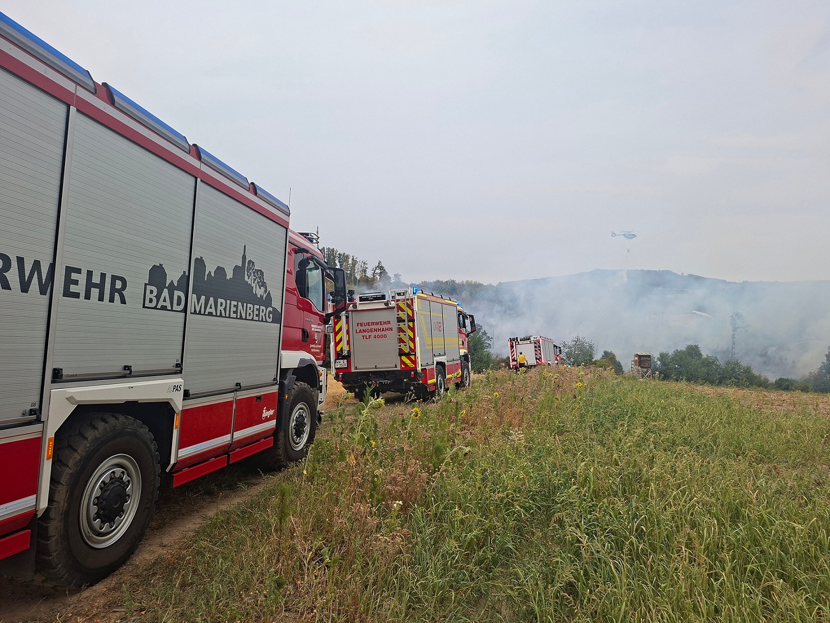 Mehrere Feuerwehrfahrzeugen fahren zu einem rauchenden Gebiet.