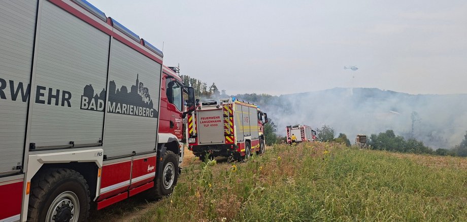 Mehrere Feuerwehrfahrzeugen fahren zu einem rauchenden Gebiet.