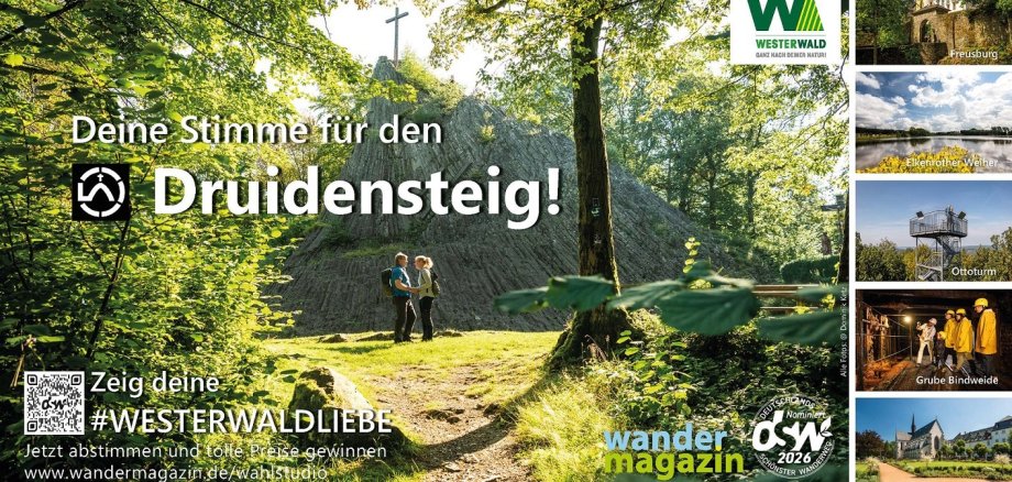 Fotos zeigen Stationen des Druidensteigs wie die Freusburg und Kloster Marienstatt.