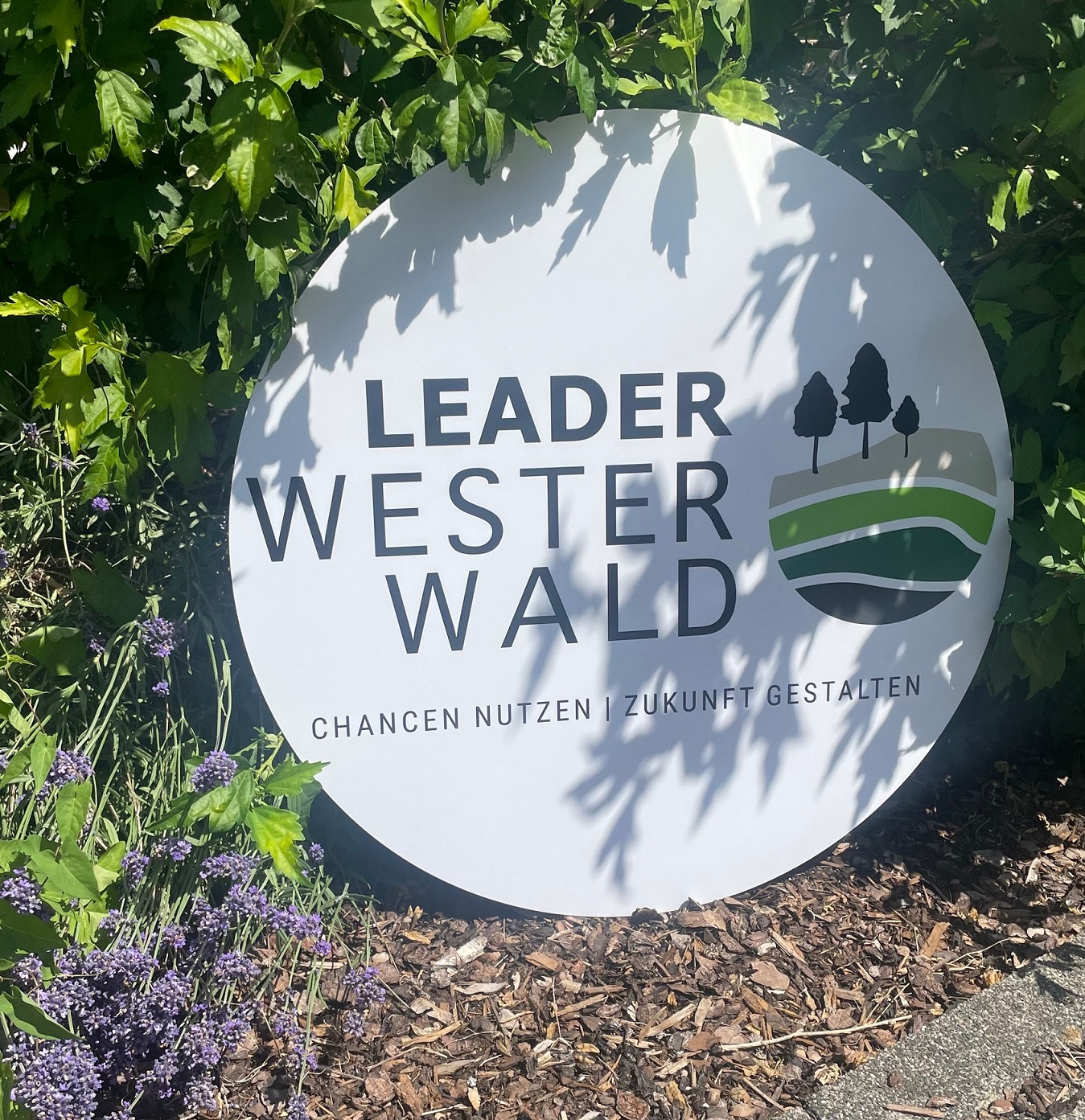 Im Grünen steht ein Schuld mit der Aufschrift Leader Westerwald,.