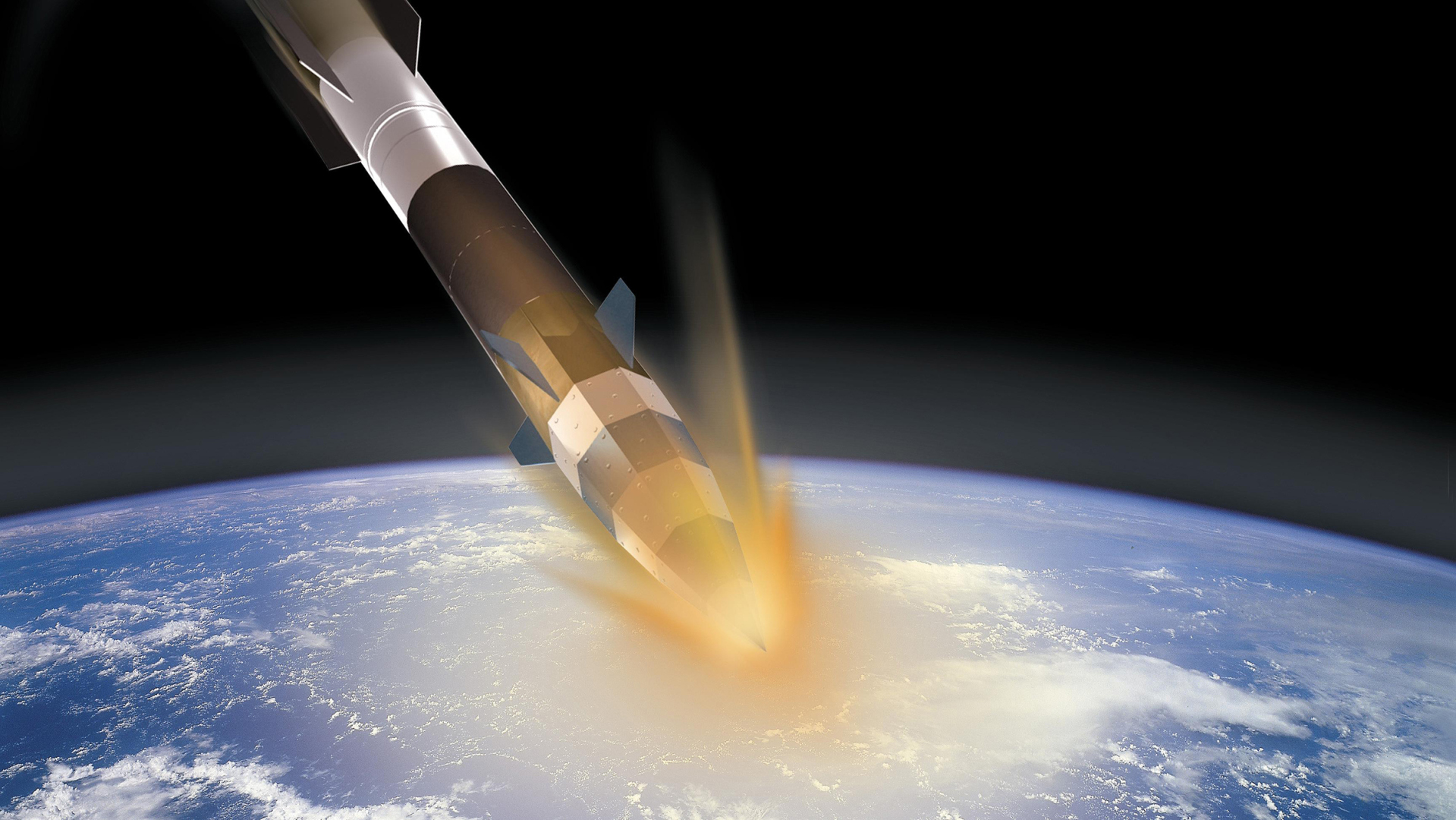 Ein raketenähnlicher Flugkörper trifft auf die Erdatmosphäre.