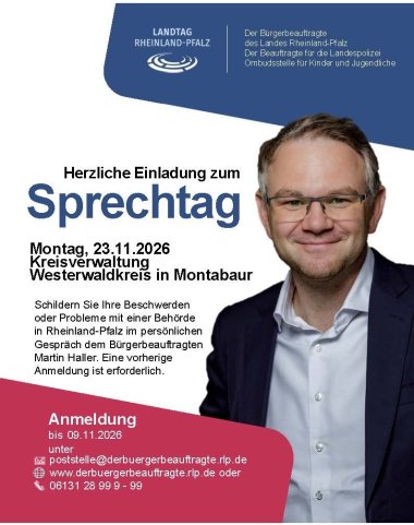 Das Plakat mit Foto des Bürgerbeauftragten informiert über die Anmeldedaten.