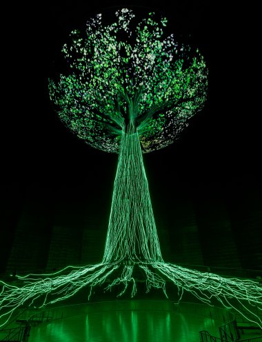 Ein Baum als riesige grüne Lichtinstallation.