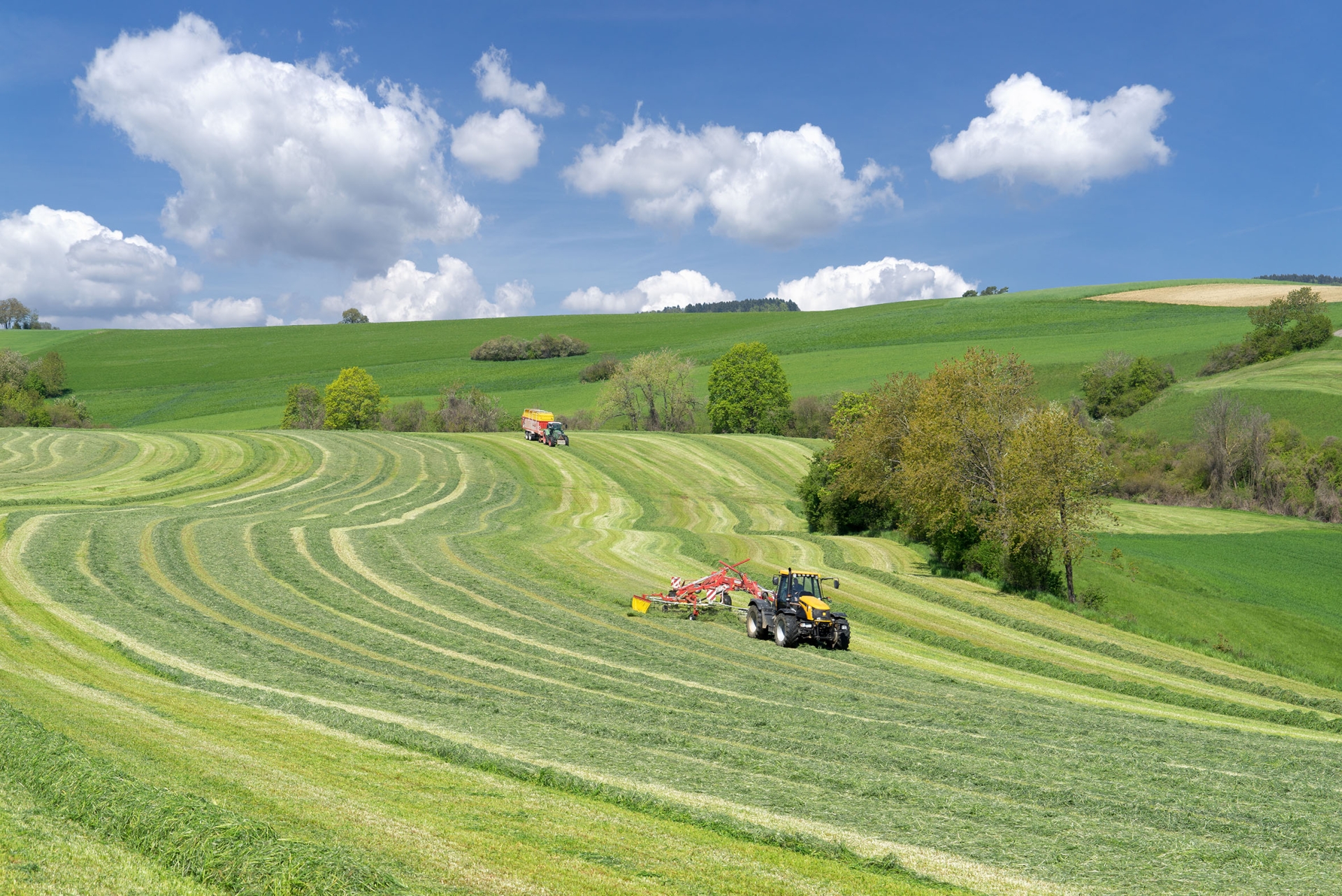 Zwei Traktoren bei der Ernte von Grünfutter in hügeliger Landschaft.