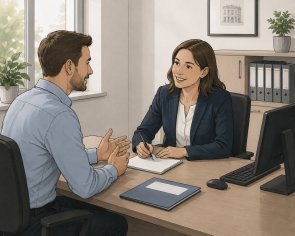 Ein Mann und eine Frau sitzen zusammen an einem Schreibtisch und füllen ein Formular aus.